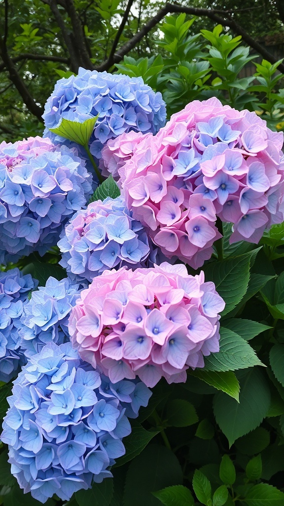 A cluster of blue and pink hydrangea flowers surrounded by green leaves.