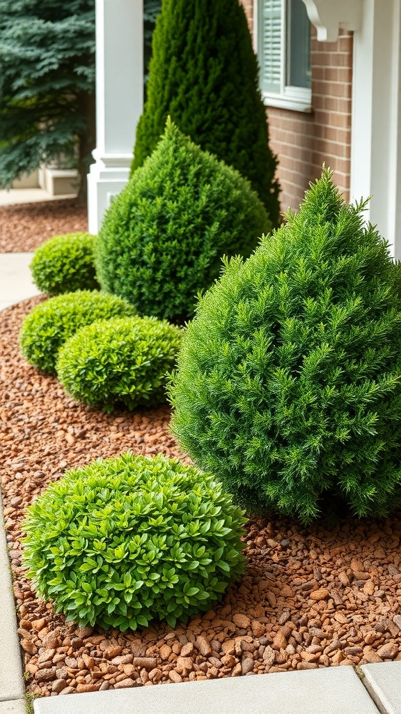 A front yard featuring a combination of boxwood shrubs and mulch, showcasing vibrant greens and earthy tones.