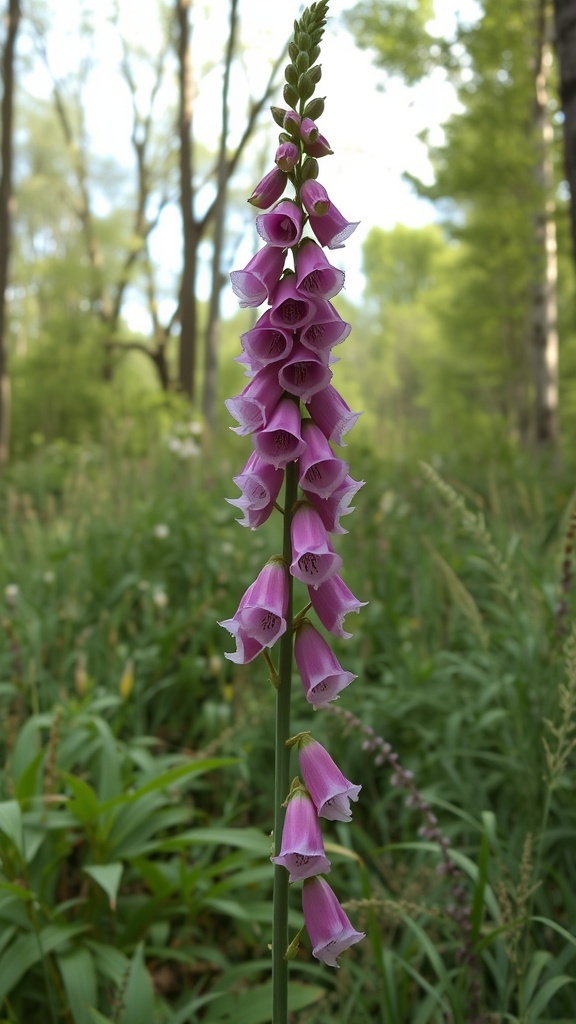 A tall spike of pink foxglove flowers in a green garden setting