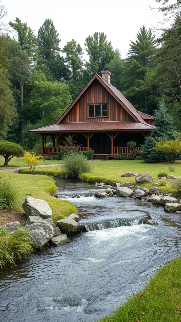 A charming A-Frame house with a stream flowing in front, surrounded by lush greenery.