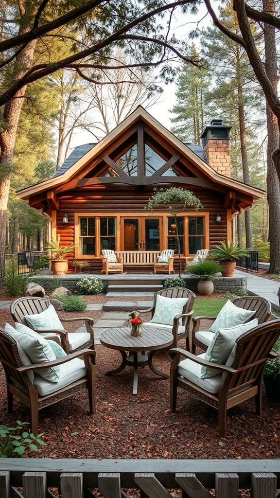 Cozy outdoor seating area in front of an A-Frame house surrounded by trees.