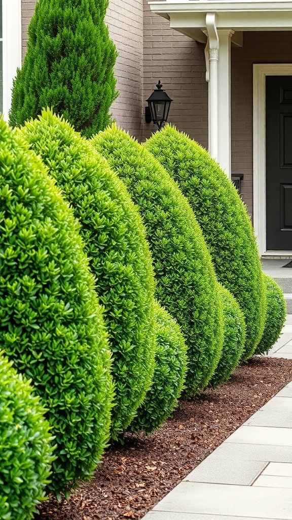 A row of neatly trimmed boxwood shrubs in a front yard, showcasing vibrant green foliage.
