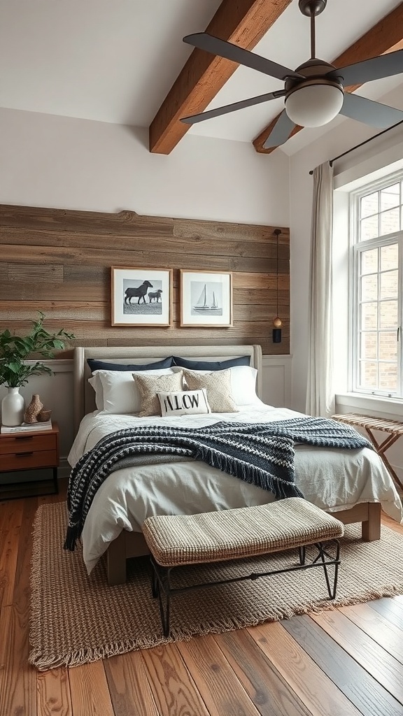A modern farmhouse bedroom featuring wooden beams, a cozy bed with neutral linens, and rustic decor.