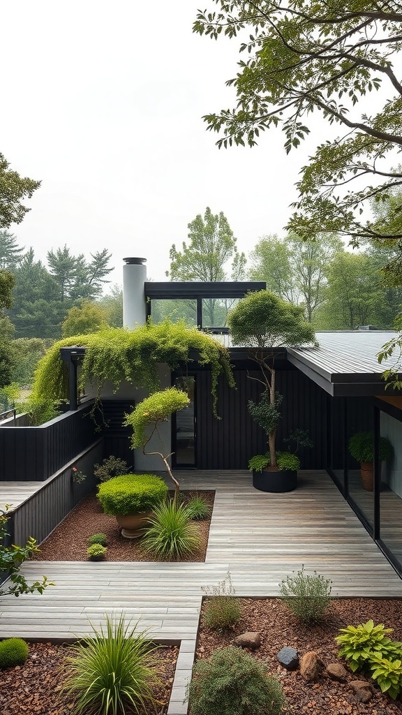 A modern house with a lush rooftop garden surrounded by trees and a wooden deck.