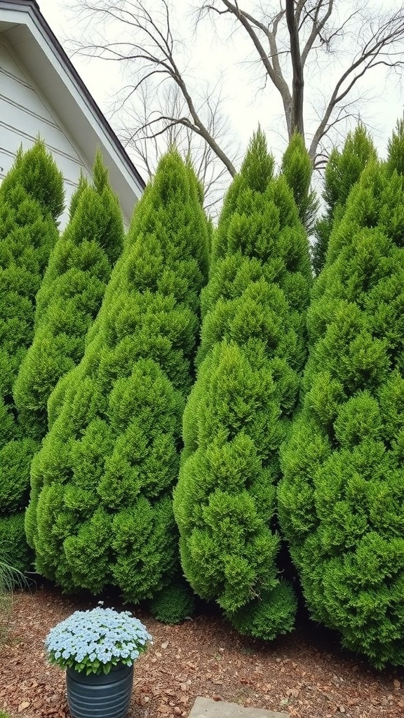 A dense row of boxwood plants forming a privacy screen in a front yard, with a pot of blue flowers in the foreground.