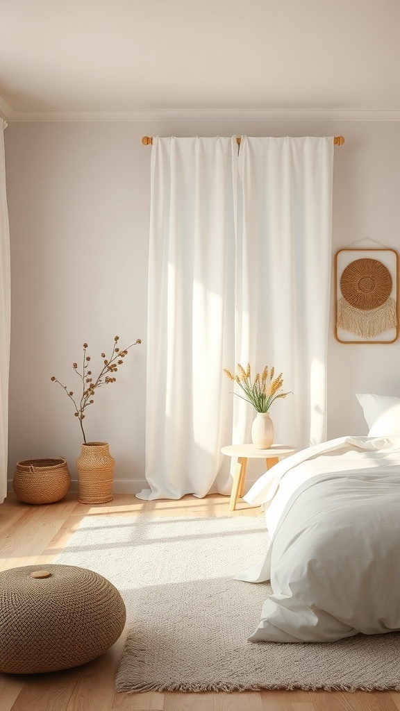A minimalist boho coastal bedroom featuring neutral colors, natural materials, and soft lighting.