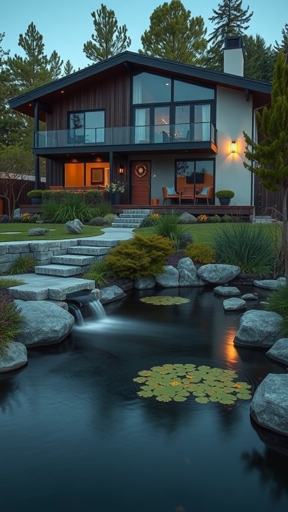 A modern house with a serene water feature, showcasing a pond with lily pads and smooth stones.