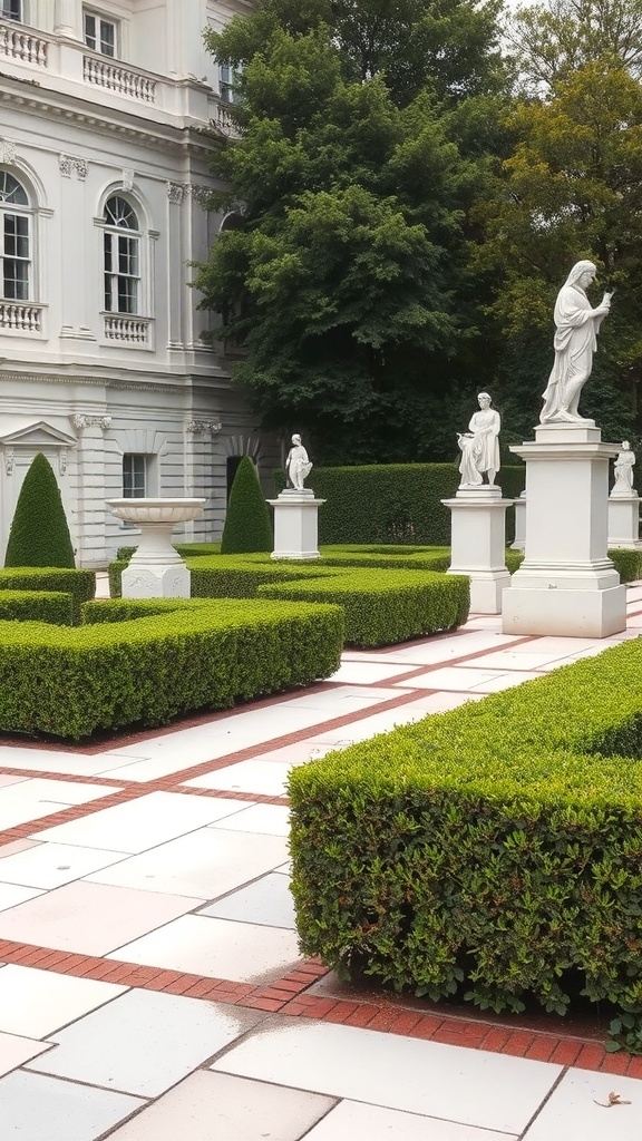 Formal garden featuring white stone paving and neatly trimmed hedges with statues