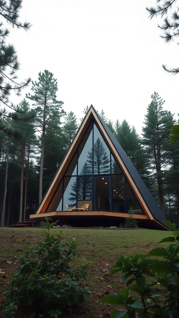 A minimalist A-frame house surrounded by tall trees, featuring large windows and a welcoming entrance.