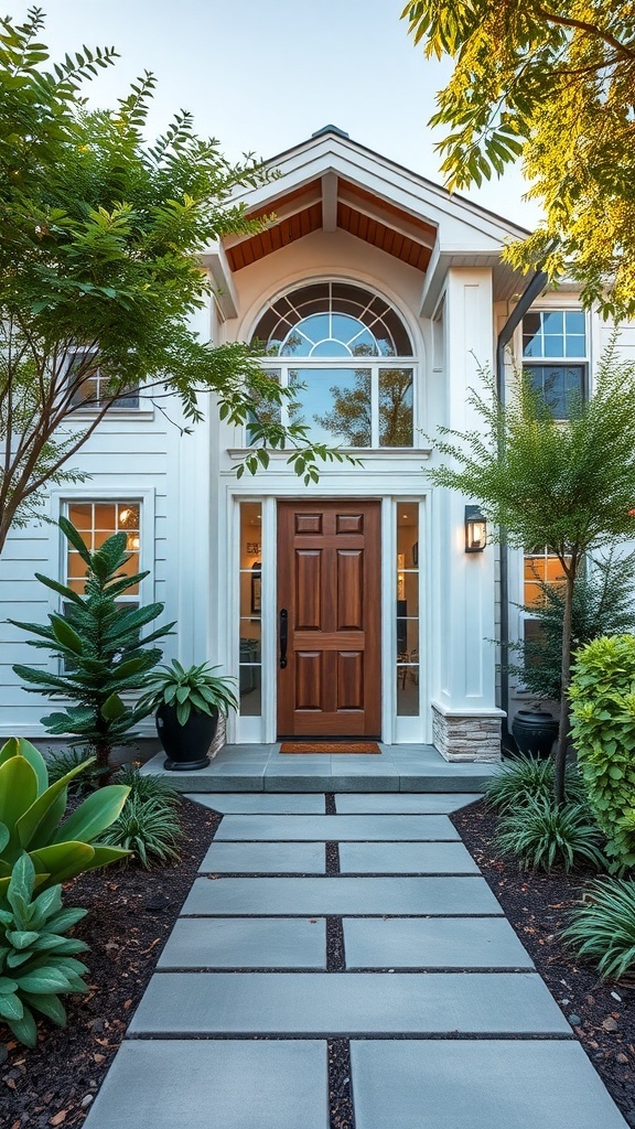 A modern house entryway with a wooden door, large windows, and a concrete pathway surrounded by greenery.