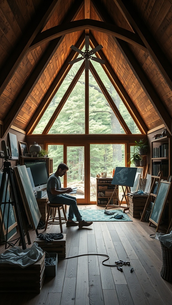 Interior of an A-Frame house with a person sitting and creating art.