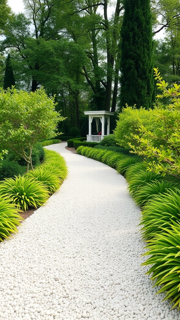 A white gravel pathway bordered by lush green plants leading to a gazebo in a garden