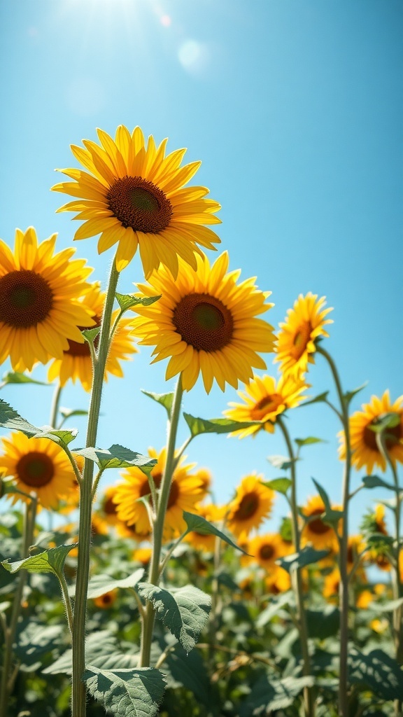 A field of bright yellow sunflowers under a clear blue sky.