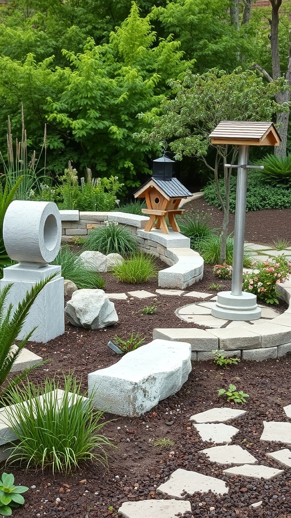 A wildlife garden featuring white stone elements, a bird feeder, and lush greenery.