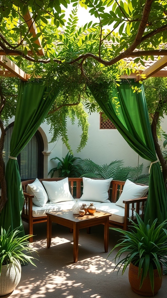 A private nook with a green canopy and white cushions on a wicker sofa.