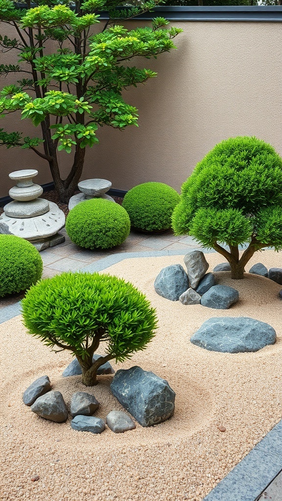 A serene Zen garden featuring round boxwood shrubs, smooth stones, and a gentle tree, set against beige sand.