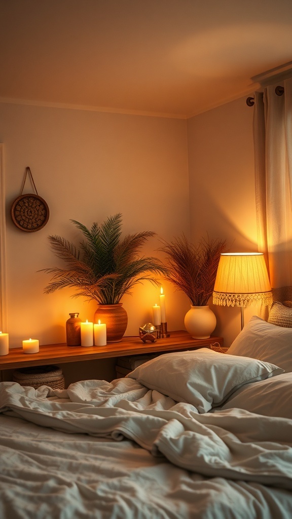 A cozy bedroom with soft lighting, featuring candles and plants, creating a relaxing atmosphere.