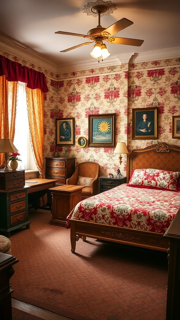 A vintage-inspired bedroom featuring floral wallpaper, classic wooden furniture, and warm lighting.