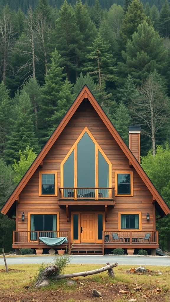 A beautiful A-Frame house surrounded by lush green trees in a forest setting.
