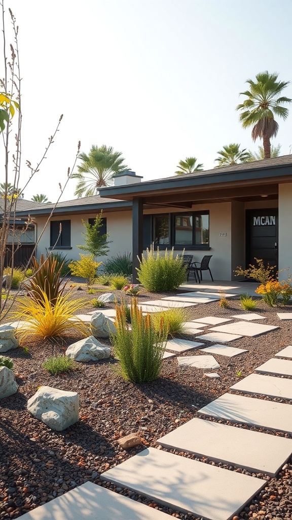Modern house with nature-focused landscaping featuring stone pathway and various plants