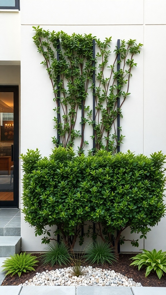 A vertical garden featuring neatly trimmed boxwood shrubs at the base and climbing plants against a modern wall.