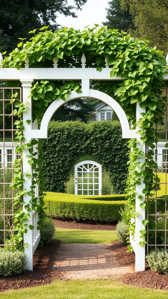 A white trellis covered in climbing vines, leading to a neatly trimmed garden.