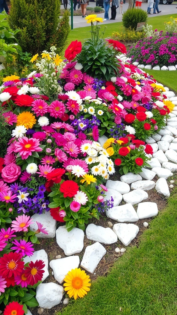 A colorful flower bed surrounded by white stones, featuring various flowers in vibrant hues.