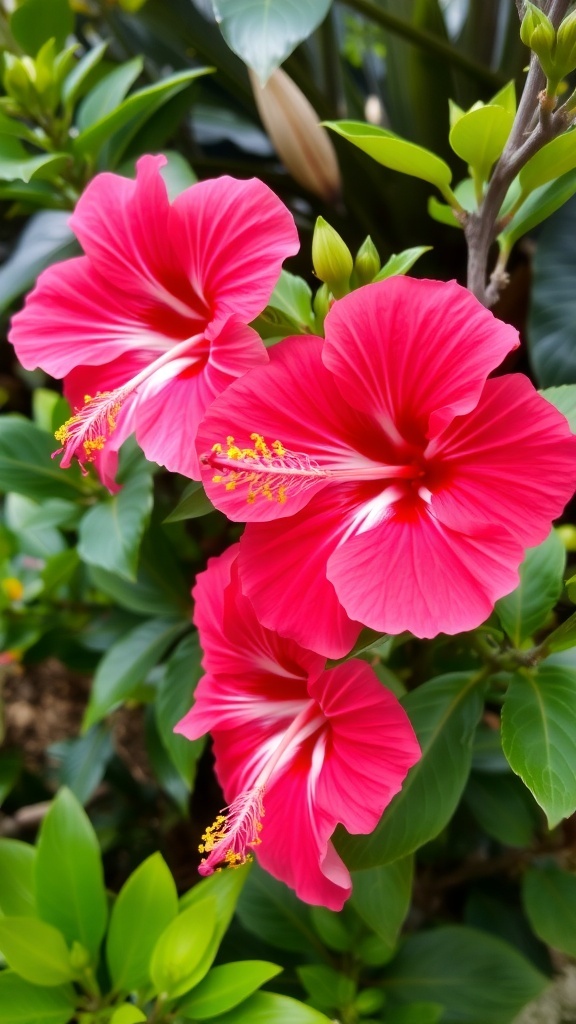 Close-up of vibrant red hibiscus flowers surrounded by green leaves