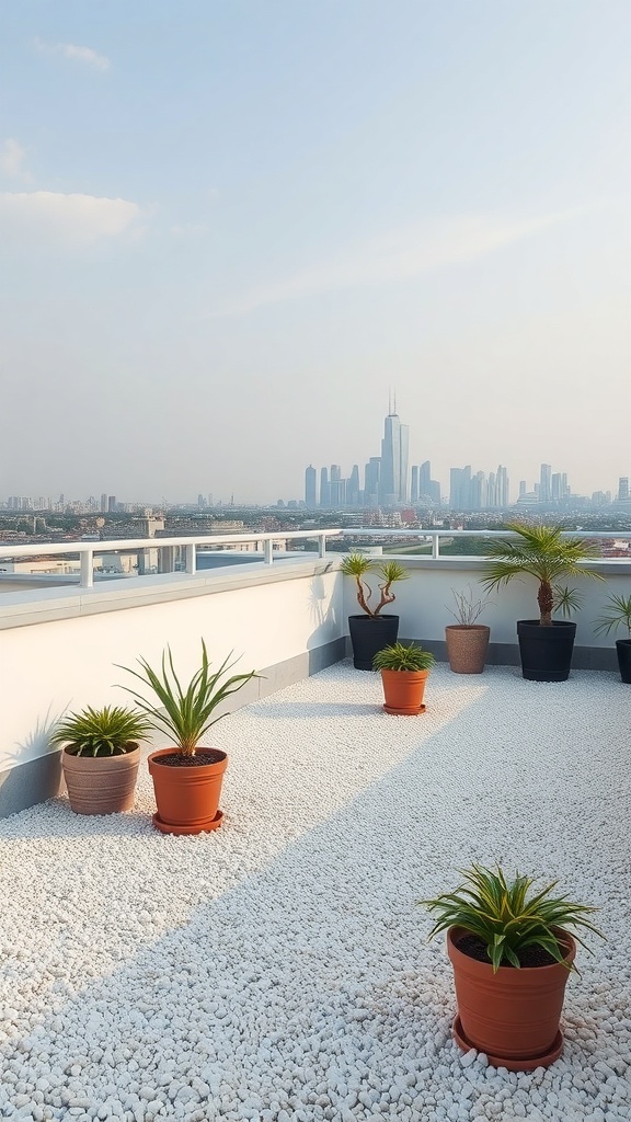Rooftop garden with white gravel and potted plants overlooking a city skyline