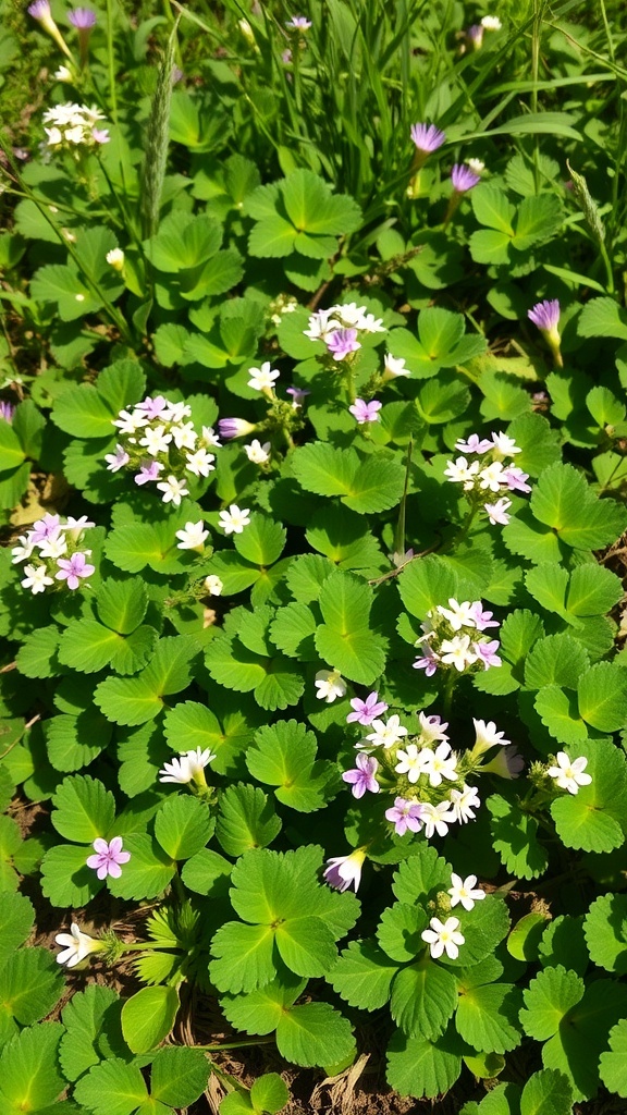A patch of clover with white and pink flowers blooming among lush green leaves.