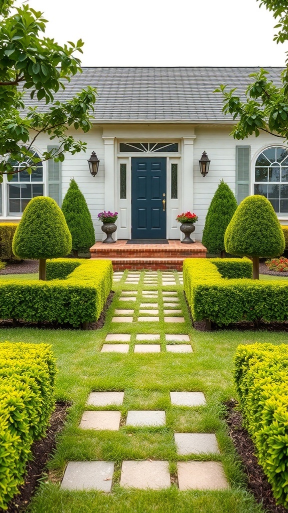Symmetrical boxwood landscaping design featuring a stone pathway and colorful flower planters.