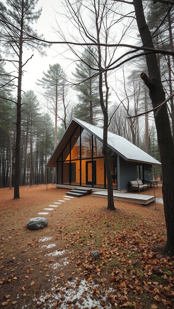 A modern house in the woods surrounded by trees and fallen leaves.