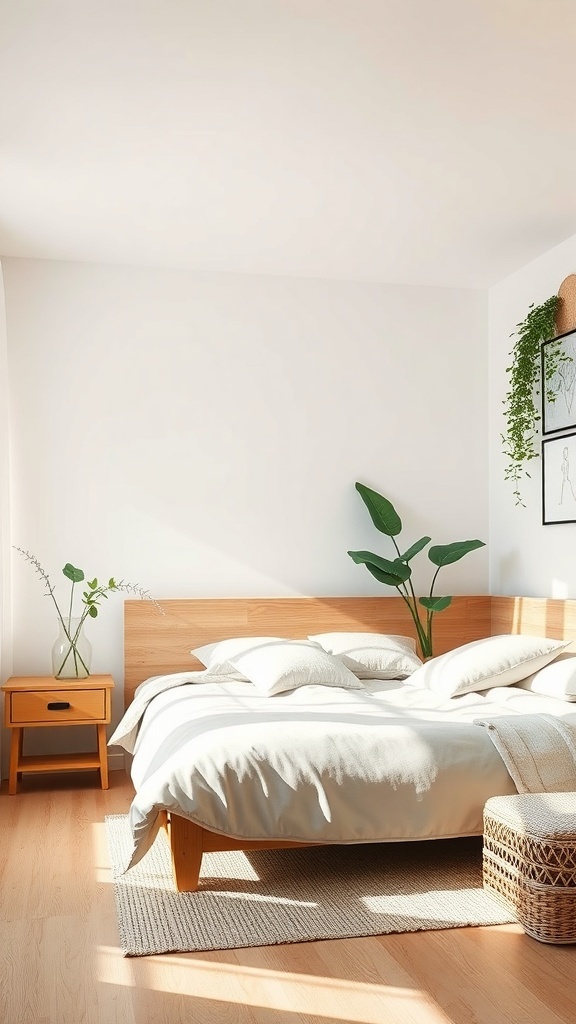 A serene organic modern bedroom featuring a light wood bed frame, neutral bedding, and indoor plants.