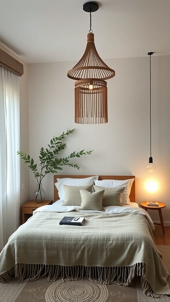A minimalist boho coastal bedroom featuring a woven pendant light and a simple bulb, creating a cozy atmosphere.