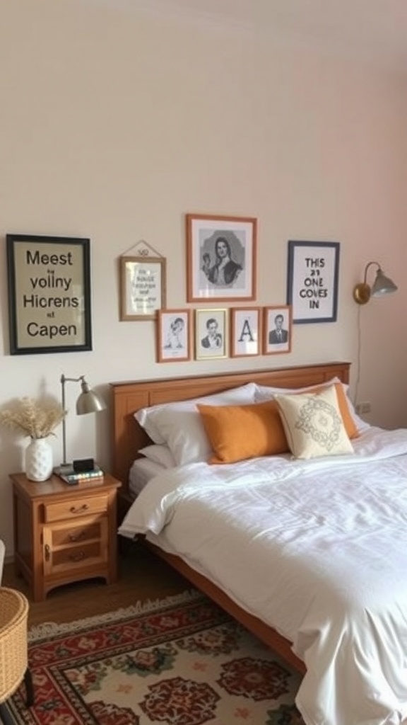 A cozy modern bedroom featuring a wooden bed, white bedding, orange pillows, and framed wall art.