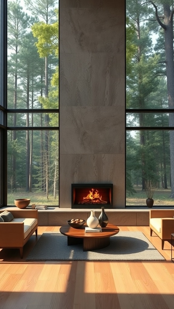 A modern living room featuring a cozy fireplace, large windows overlooking a forest, and stylish furniture.