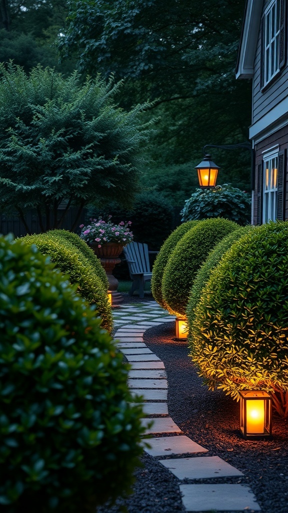A beautifully landscaped front yard featuring rounded boxwood shrubs along a pathway, illuminated by warm lantern lights.