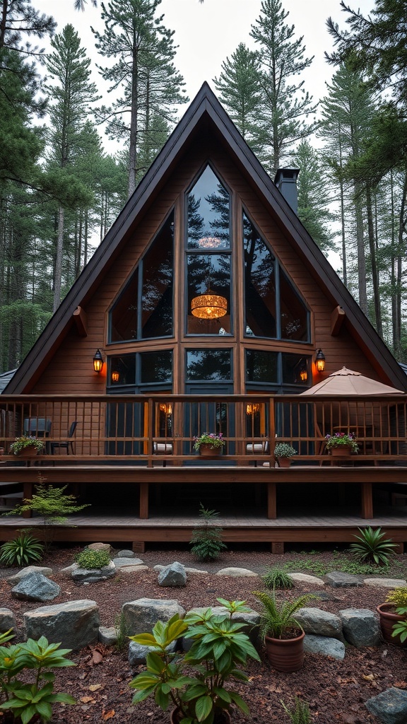 A cozy A-Frame house with a large deck surrounded by trees.