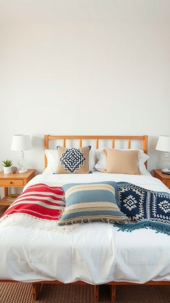 A cozy bed with vintage textiles, featuring patterned pillows and throws in a minimalist boho coastal bedroom.