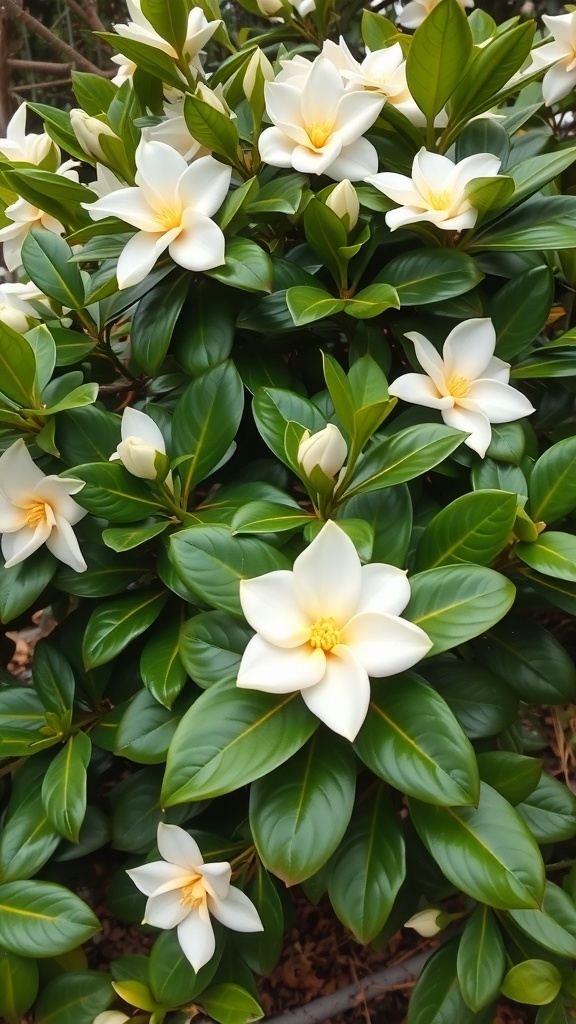 A close-up of blooming gardenia flowers with glossy green leaves.