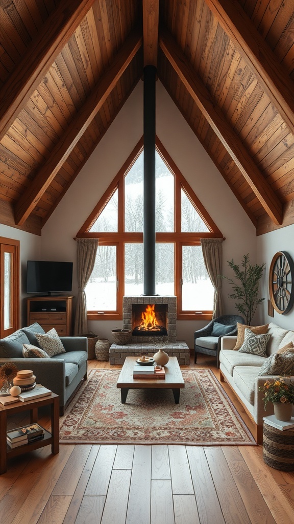 Cozy living room in an A-Frame house with a fireplace and wooden decor.