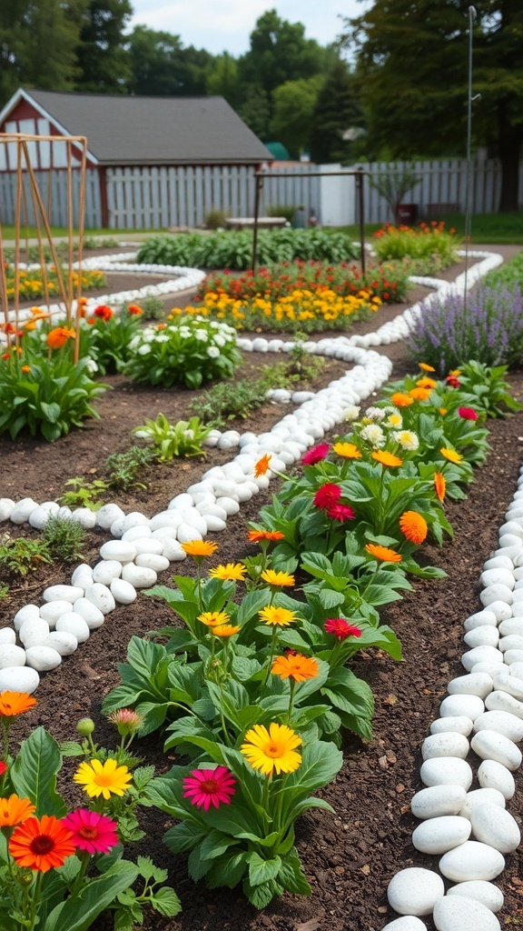 A community garden with colorful flowers bordered by white rocks.