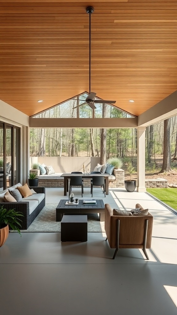 A modern outdoor living space with comfortable seating and a dining area, surrounded by trees.