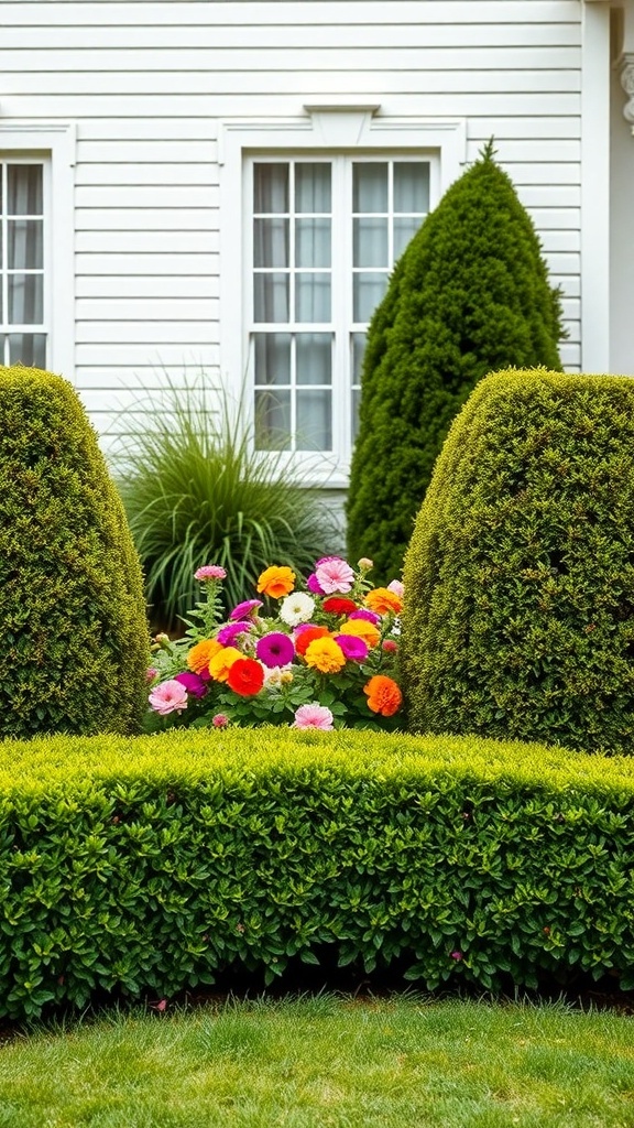 A well-maintained boxwood hedge borders a colorful flower bed in a front yard.