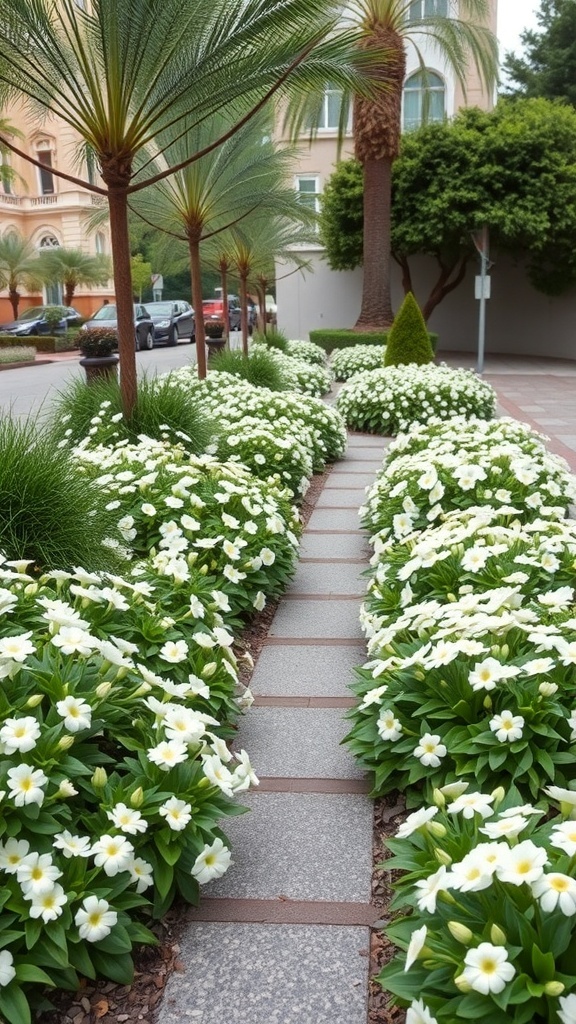 Pathway lined with white flowers and green foliage