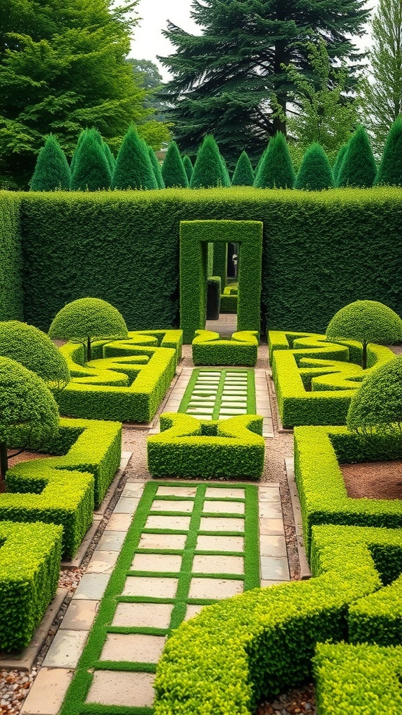 A formal garden featuring neatly trimmed boxwood hedges and pathways.
