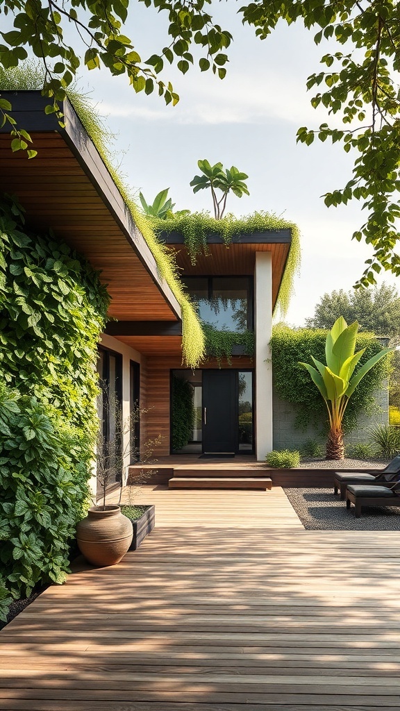 A modern house surrounded by greenery with a wooden deck and plants on the roof.