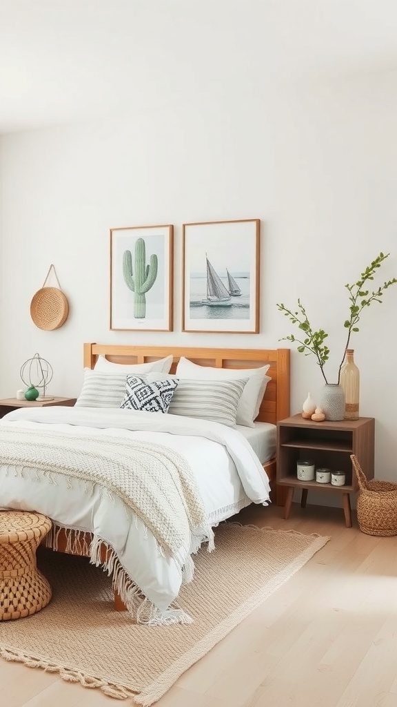 A minimalist boho coastal bedroom featuring simple art and decor, with a cactus print and a sailing scene on the wall.