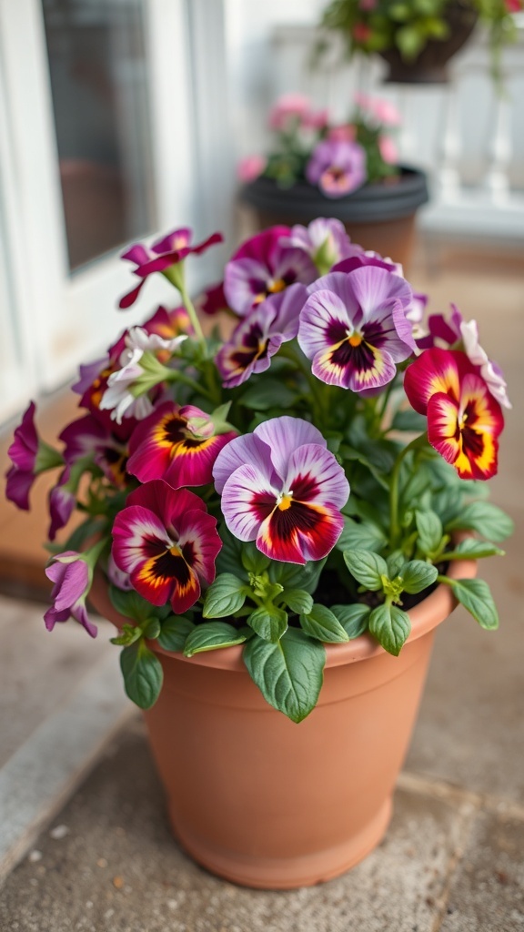 A vibrant pot of pansies in various colors, showcasing their beauty and charm.