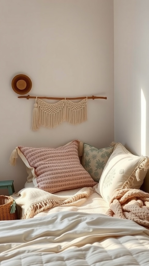Cozy nook in a minimalist boho coastal bedroom with pillows and a macramé wall hanging